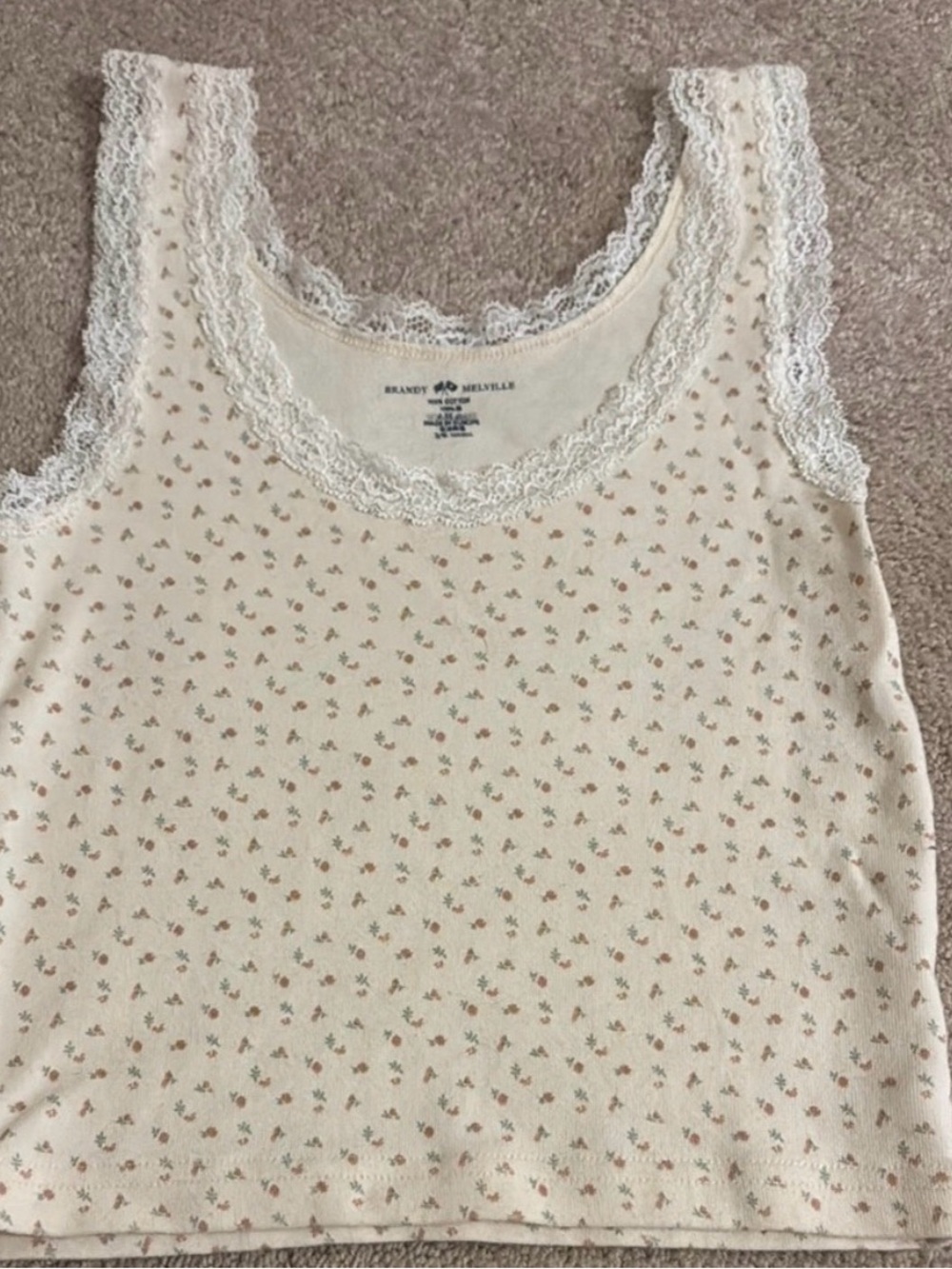 Brandy Melville Ronnie Lace-Trim Cotton Tank Top in Cream Floral - Picture 3 of 4